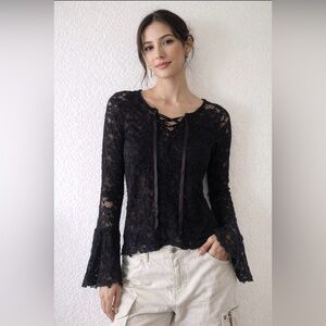 Vintage 80s 90s INC Lace Blouse Womens Black Bell Sleeve Witchy Goth Punk